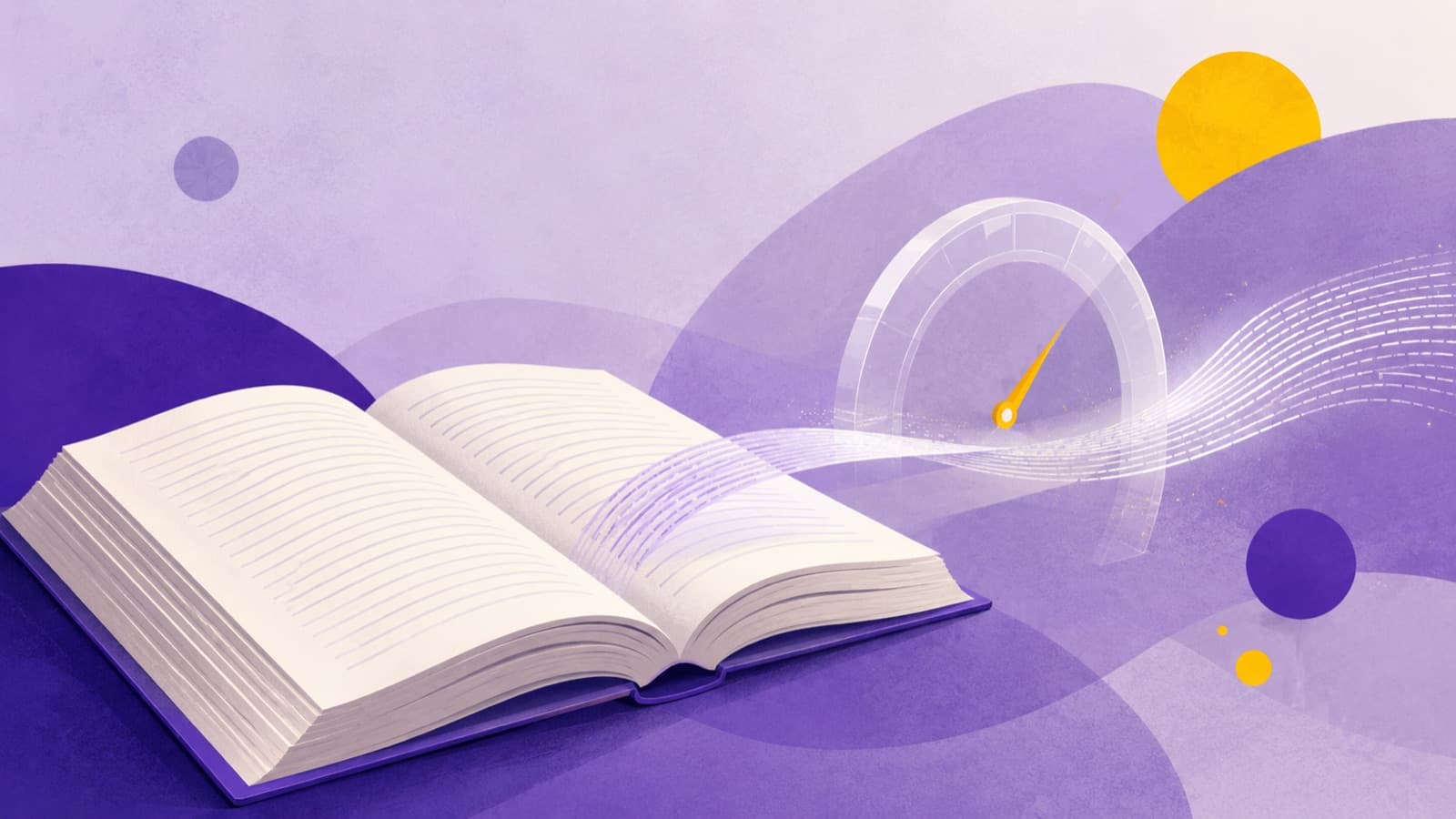 An open book with a ribbon of text lines rising off the page and passing through a stopwatch dial